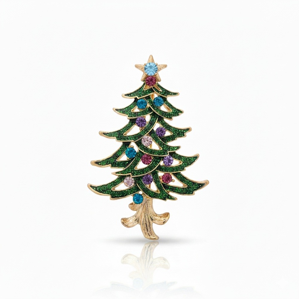 Sparkling Christmas Tree Pin BroochGemstones Gold Tone Festive Holiday Jewelry‎